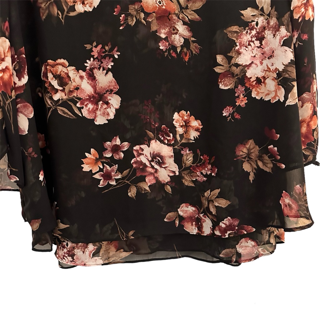 Roz & Ali V-Neck Asymmetrical Sheer Sleeves Black Floral Blouse Size 2x — image 3 of 8